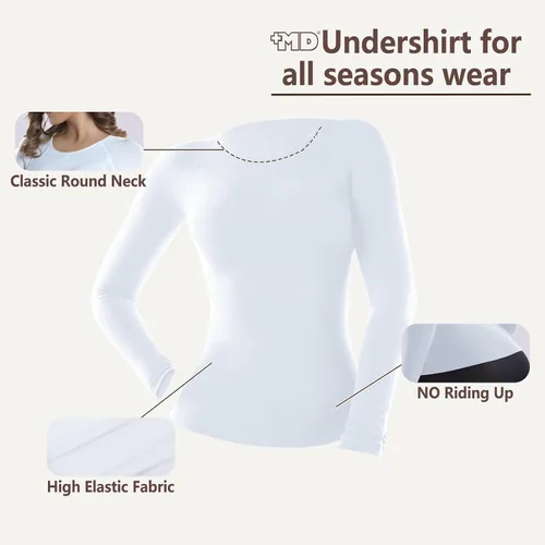 Vista 4 de +MD Camisetas de bambú para mujer para cintura y busto de manga larga, ropa interior térmica con cuello redondo