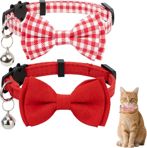 Vista 10 de Collar de gato con campana para niño y niña, pajarita de seguridad, a cuadros, color sólido, conjunto de regalo, lindo festivo, [2 piezas], verde