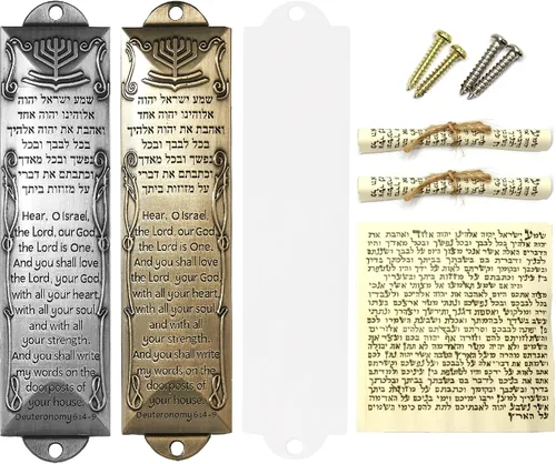 Vista 10 de Mezuzá con pergamino para puerta, estuches de bendición de mezuzá autoadhesivos de metal, placa de latón con escritura de bendición en inglés