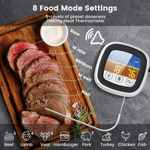 Vista 2 de Leepenk Termómetro digital para carne con transmisión de voz clara para ciegos y ancianos, termómetro de sonda para cocinar con pantalla táctil
