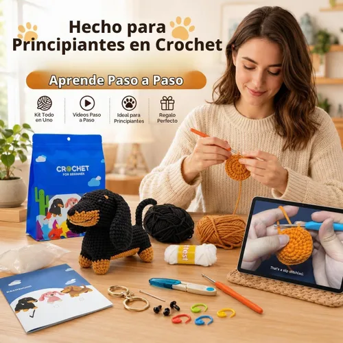 Vista 2 de Nikolle Kit de ganchillo de perro salchicha para principiantes, kit de Negro