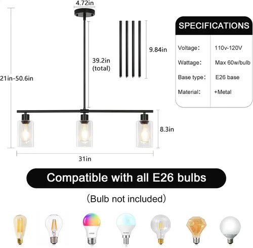 Vista 3 de Iluminación de isla de cocina, 3 luces negras para comedor, lámpara de araña lineal moderna con pantalla de vidrio transparente, 31 pulgadas