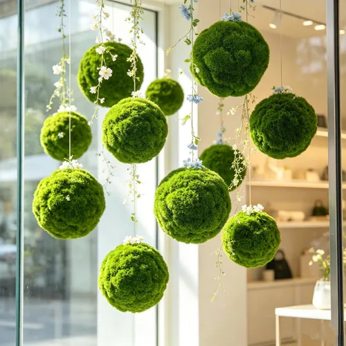 Vista 4 de Cabilock Bolas de musgo verde decorativas para rellenar cuencos, 2 piezas de centro de mesa artificiales, bolas topiarias, grandes y pequeñas, rocas