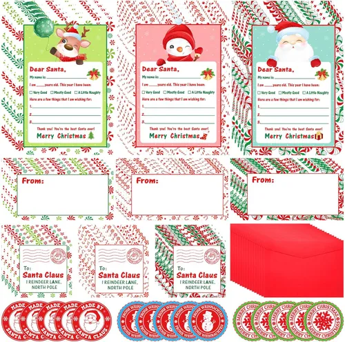 Vista 7 de 75 piezas de kit de escritura de cartas a Papá Noel, lista de deseos navideños, 15 cartas en blanco de Navidad para rellenar con sobres rojos