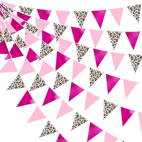 Vista 14 de Decoraciones de fiesta de vaquera de 32 pies con estampado de vaca rosa intenso, bandera triangular, banderines de tela, banderines para vaqueras