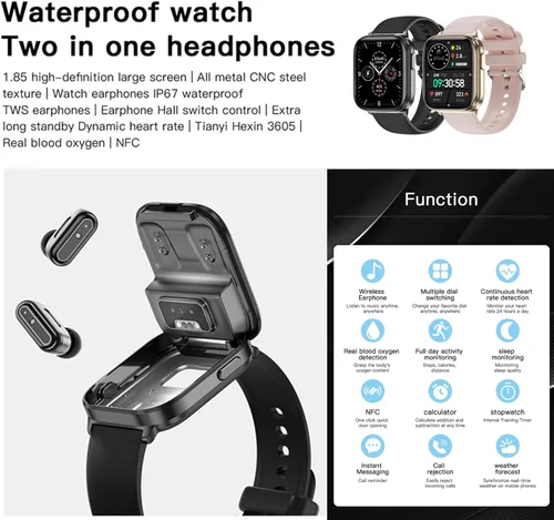 Vista 2 de Tuanzi X9 2 en 1 Reloj inteligente TWS inalámbrico Bluetooth auricular 1.85 pulgadas reloj con auriculares dentro de monitor de salud rastreador