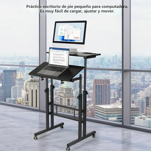 Vista 7 de Hadulcet Escritorio móvil de pie con estación de carga, escritorio ajustable para computadora de pie, carrito ajustable para laptop con ruedas