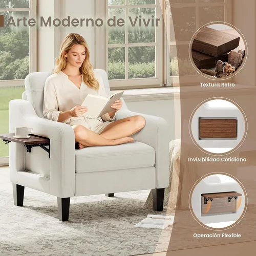 Vista 4 de Silla de acento para sala de estar, sillón moderno tapizado en lino, silla de sofá lateral de tela con estructura de madera con mesa plegable, 2