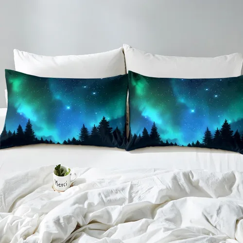 Vista 4 de Erosebridal Juego de sábanas de tamaño individual de galaxia con luces polares verde azulado para niños, noche oscura, cielo estrellado, sábana