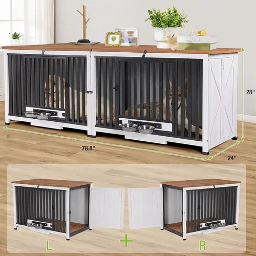 Vista 6 de Muebles plegables para perros de 39.4 pulgadas, mesa auxiliar grande con cuencos extraíbles giratorios de 360°, perrera interior para perros