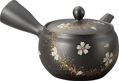 Vista 3 de Tokoname Ware F908 Tomisen Black Mud Shallow Bag - Tetera de flor de cerezo, 9.5 fl oz (9.5 fl oz)