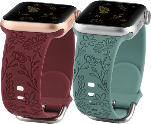 Vista 10 de Paquete de 2 correas deportivas grabadas con flores compatibles con correas de Apple Watch de 1.496 pulgadas, 1.575 pulgadas, 1.614 pulgadas