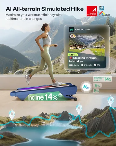 Vista 9 de UREVO CyberPad Smart Walking Pad with 14% Incline, Under Desk Treadmill for Home Use, Extended Walking Surface, LED Remote, Speed-Responsive