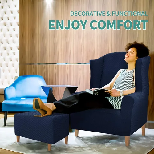 Vista 2 de YEMYHOM 1 funda elástica para silla con respaldo de ala + funda otomana de tamaño extra grande (azul marino)