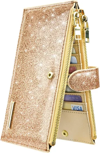 Vista 36 de Billetera de mujer con bloqueo RFID de gran capacidad, organizador multitarjetas, billetera plegable para mujer con bolsillo con cremallera