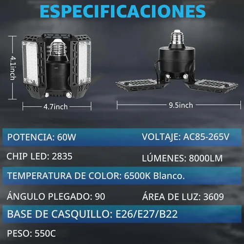 Vista 5 de 4 paquetes de luces LED para garaje, 60 W, luz de techo de garaje deformable, 8000 lm, E26, luces de sótano con 3 paneles LED ajustables, se adapta