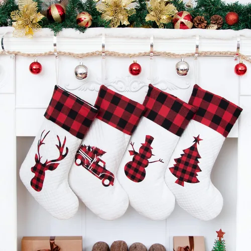 Vista 8 de LUBOT Juego de 4 medias de Navidad grandes para la familia, 20 pulgadas, silueta de búfalo rojo a cuadros para colgar en la chimenea, decoración