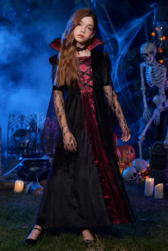 Vista 3 de Disfraz de vampiro de Halloween para niñas, 5 piezas, vestido gótico