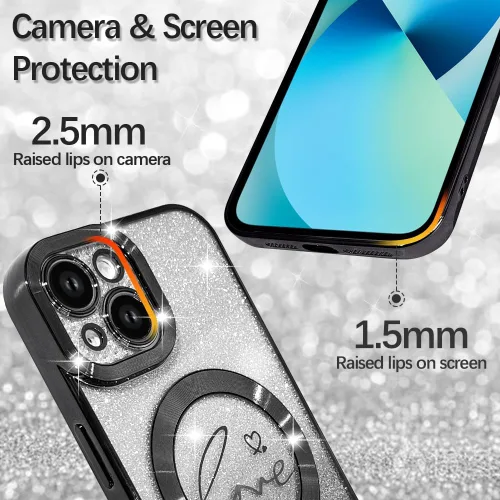 Vista 2 de ZIYE - Funda magnética diseñada para iPhone 13 con purpurina, color negro Luxury Plating Love Heart Compatible with MagSafe Camera Protection