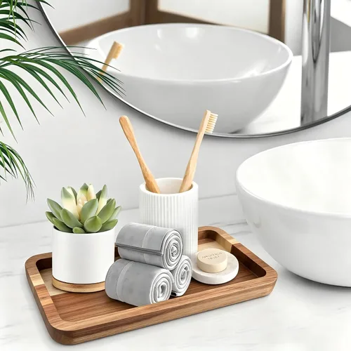 Vista 5 de Bandeja de baño para mostrador, bandeja de madera para baño, tanque de inodoro, perfume 11.8 pulgadas de largo x 5.9 pulgadas de ancho x 0.8 Acacia