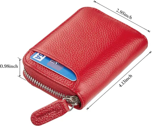 Vista 2 de Travelambo Funda de cuero genuino para monedas, cartera pequeña con cremallera YKK, Rojo, Moda