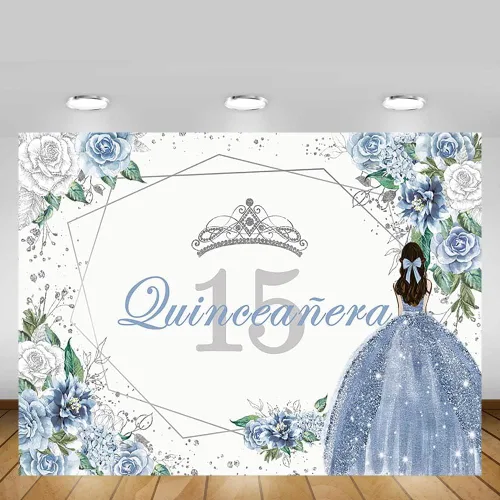 Vista 5 de MEHOFOND Telón de fondo de quinceañera con 15 letras para fiesta de niñas de 15 años con texto en inglés «Sweet 15 Quince años», fondo floral azul