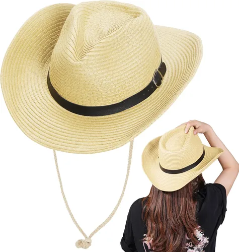 Vista 7 de Sombreros de vaquero de paja unisex para mujeres y hombres, sombrero de vaquero de playa occidental, sombrero de ala ancha para playa, Halloween