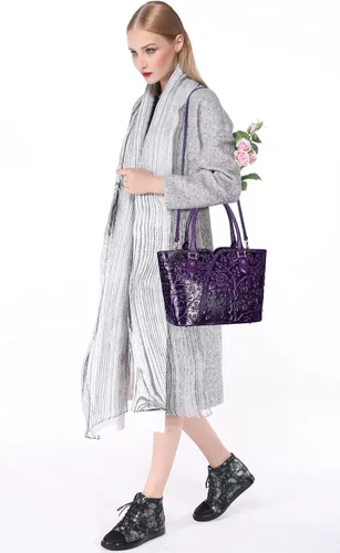 Vista 3 de PIJUSHI Bolsos de mano de diseñador para mujer, bolsos florales con asa superior, bolsos de mano de cuero genuino para mujer, cartera floral