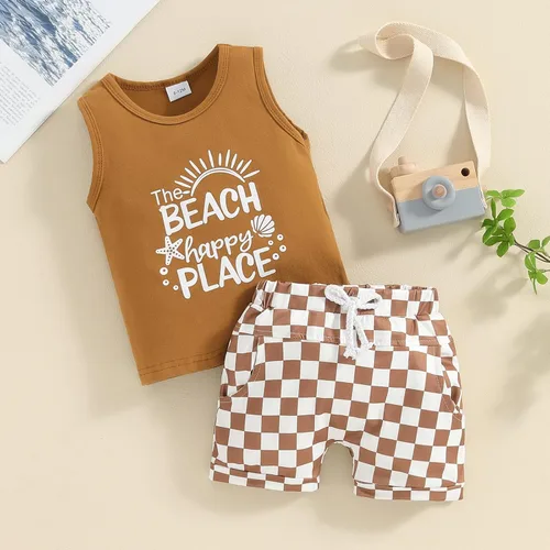 Vista 89 de Ropa de bebé niño sin mangas + pantalones cortos con estampado a rayas con bolsillos, 2 piezas de trajes de verano