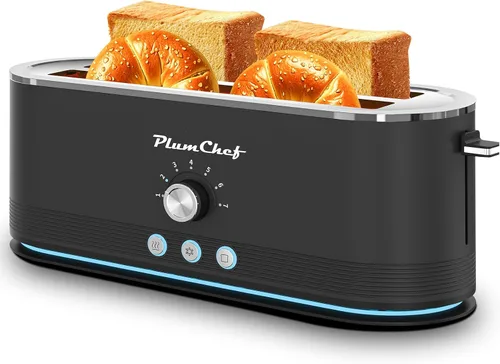 Vista 12 de Tostadora de ranura larga extra ancha de 4 rebanadas, bandeja extraíble para migas, 6 ajustes de tostado, funciones de bagel/descongelación, 1650 W