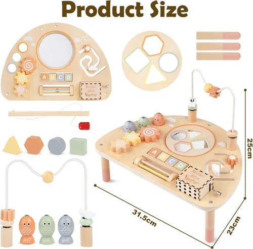 Vista 9 de Mesa de Actividad para Niños de 1 Año, Juguetes Montessori para Niñas y Niños de 1 a 2 Años, Regalos, Mesa de Juego Sensorial de Madera 8 en 1
