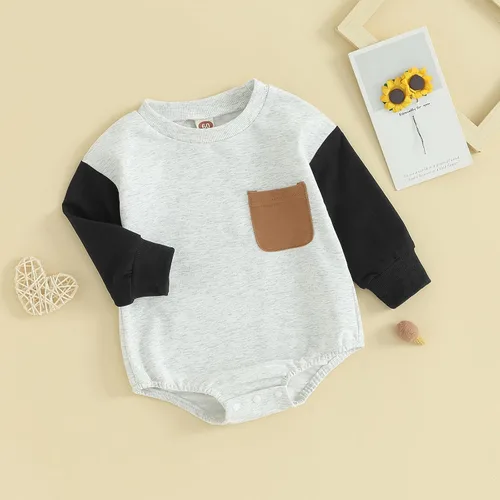 Vista 70 de Mameluco de manga larga con bloques de color para bebé, niño, niña, con bolsillo, cuello redondo, sudadera básica para otoño e invierno
