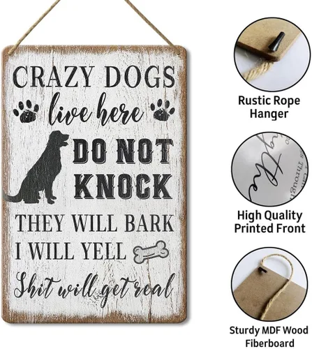 Vista 2 de Letrero decorativo de madera, DOGSlivehere, 12 x 8 pulgadas, divertido letrero de puerta delantera para decoración del hogar, Crazy Dogs Live Here