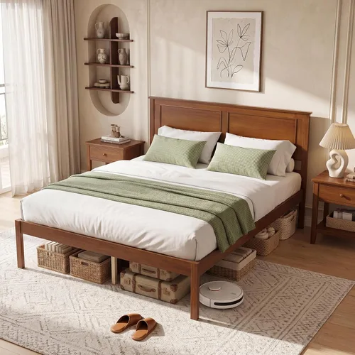 Vista 11 de KOMFOTT Twin Size Bed Frame, Farmhouse Wooden Platform Bed with Headboard Walnut