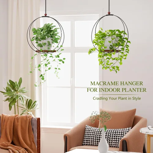 Vista 3 de Juego de 2 macetas colgantes para plantas de interior: colgador de plantas de macramé con base de madera resistente, decoración de pared, techo