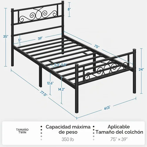 Vista 2 de Yaheetech - Base de cama, plataforma clásica de metal con cabecera y estribo - base de colchón con diseño floral para adultos, niñas, niños Negro