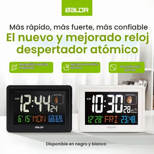 Vista 9 de BALDR Relojes Atómicos para Dormitorios Pantalla Digital Grande - Negro - Reloj de Escritorio con Temperatura Interior y Humedad, Reloj de Mesa