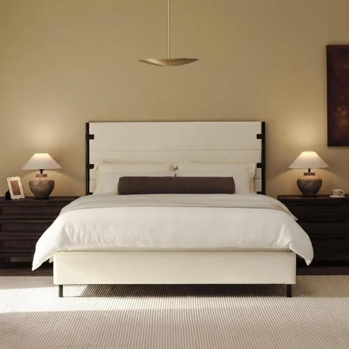 Vista 12 de Recci Base de cama tapizada de tamaño matrimonial con cabecero alto con Chenille beige