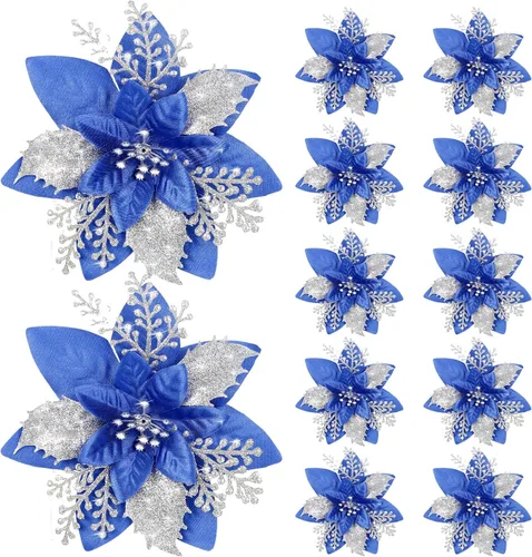 Vista 21 de Canlierr 12 piezas flores de Pascua de Navidad de 5.7 pulgadas con purpurina, flores artificiales con clips, adorno de árbol de Navidad para corona