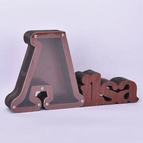 Vista 7 de Hucha de madera personalizada con nombre para niños y niñas, alcancías grandes, 26 letras del alfabeto inglés, letra A, caja de ahorro de dinero
