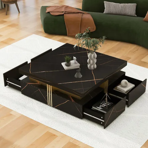 Vista 5 de Mesa de centro cuadrada negra moderna con 4 cajones Negro + dorado