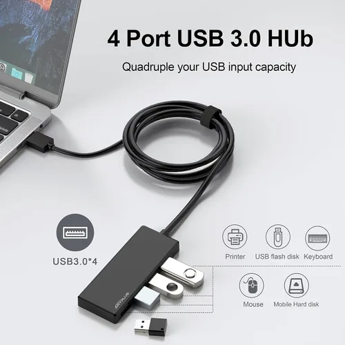 Vista 2 de Hub USB, Adaptador Divisor USB Multipuerto, Cable USB 3.0 de 2 pies de largo, Extensor USB para Laptop, PC, iMac, Surface Pro, MacBook, Mac Pro