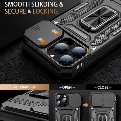 Vista 2 de MERRO Funda para iPhone 13 Pro con protector de pantalla, protección de cámara deslizante, funda resistente de grado militar con soporte magnético