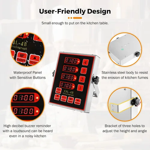 Vista 5 de BEAMNOVA Temporizador digital de cocina de 4 canales con alarma ajustable fuerte, temporizador de cocina comercial de acero inoxidable