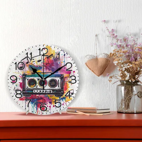 Vista 2 de Reloj de pared con notas musicales, funciona con pilas, sin tictac, cuarzo silencioso, analógico, rústico, rústico, reloj redondo, decoración retro