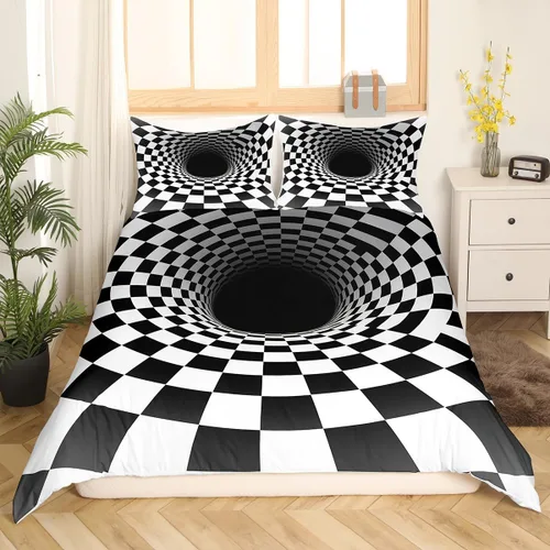 Vista 3 de Castle Fairy Funda de edredón de cuadrícula negra y blanca para niños, niñas, funda de edredón de abstracción visual, tamaño matrimonial, juego