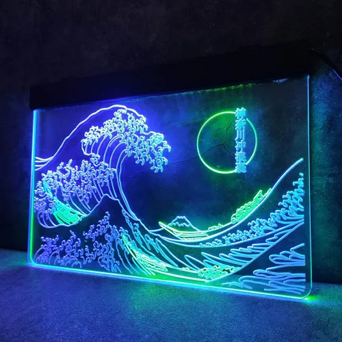 Vista 5 de Letrero de neón LED The Great Wave Off Kanagawa, letrero japonés de Katsushika Hokusai clásico, arte de pared para habitación, letreros de luz