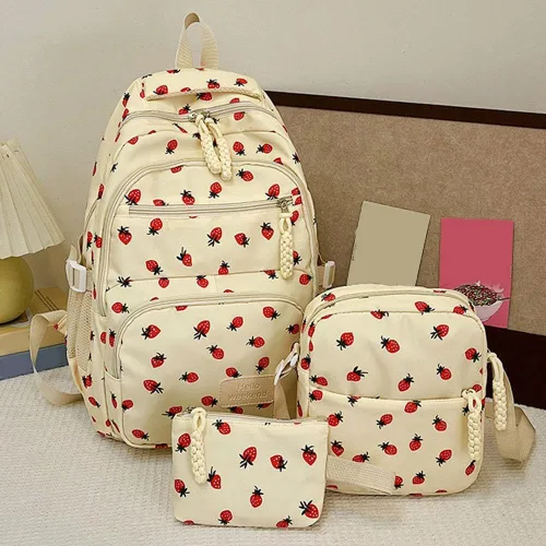 Vista 7 de Juego de 3 bolsas de mochila con lazo, lindo juego de mochila kawaii estética mochila con lazo con organizador integrado, Blanco, Tamaño único
