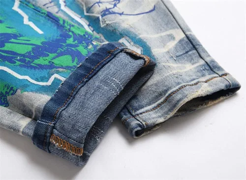 Vista 6 de Jeans de graffiti hip hop para hombre, rasgados, ajustados, desgastados, desgastados, ajustados, elásticos, con estampado casual