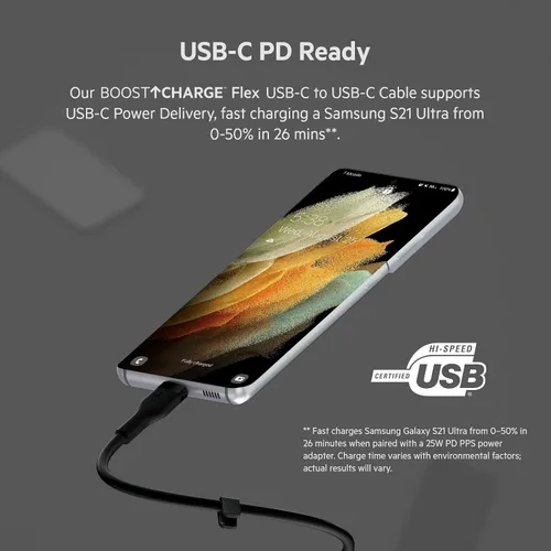 Vista 2 de Belkin BoostCharge Flex Cable de carga USB-C a USB-C de silicona (3.3 ft/3.3 pies) para iPhone 16, iPhone 16 Pro, Galaxy S25, S24, Pixel 9 y 8, Negro
